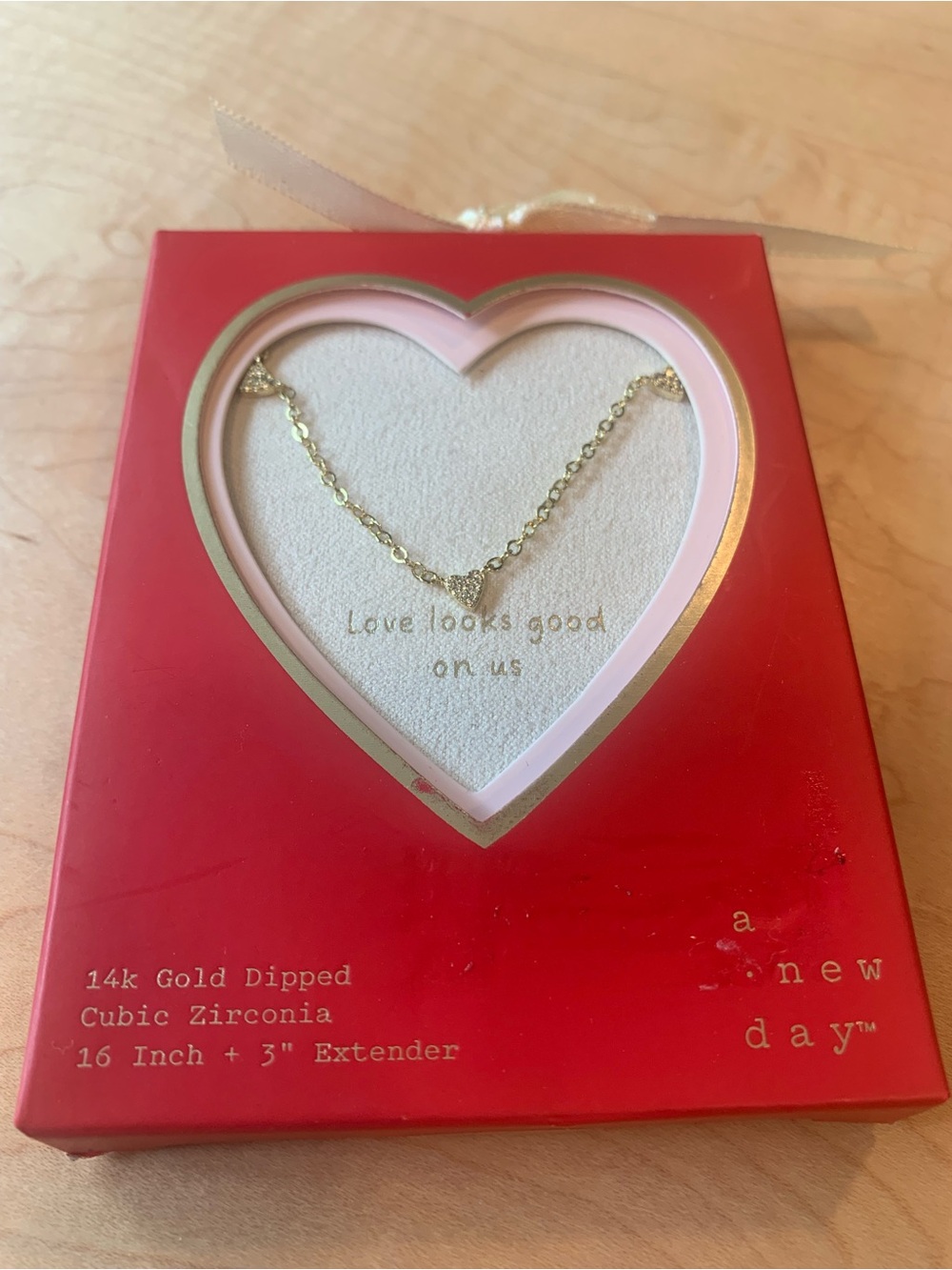 A new day 14k gold dipped cubic zirconia mini heart 16” necklace with 3” ext
